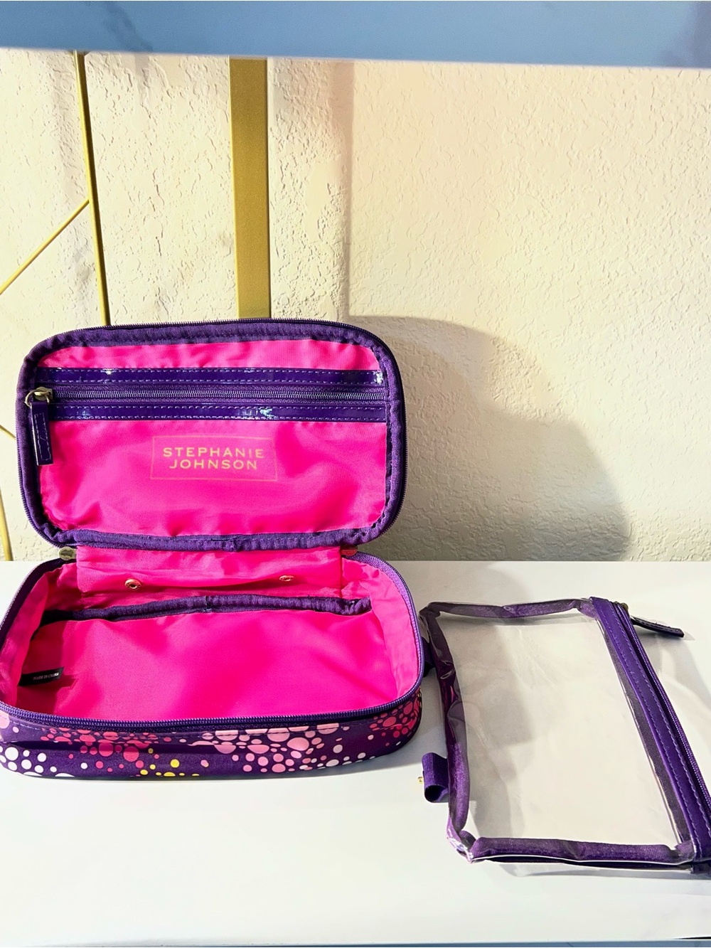 Stephanie Johnson Pink and Purple Dot Travel Cosmetic Case with Detachable Pouch